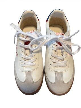 Vintage Havana White Sneakers with Tan Suede Trim and Red & Blue Accents